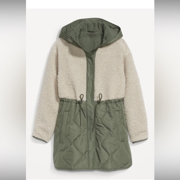 Hooded Sherpa Quilted Hybrid Coat Old Navy green ivory medium Tall MT - Picture 3 of 10